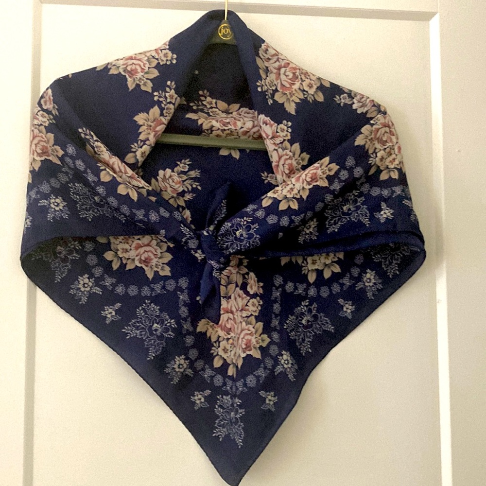 LAST CALL - Navy, rose scarf with neutral cream.  34” square - Picture 2 of 8